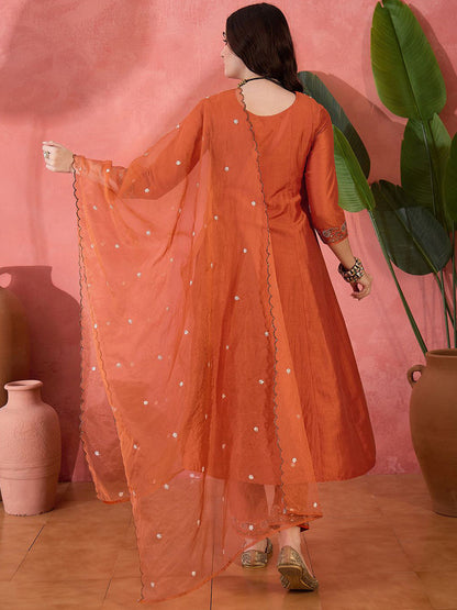 Zari Sequence Embroidered A-Line Kurta & Trousers With Dupatta