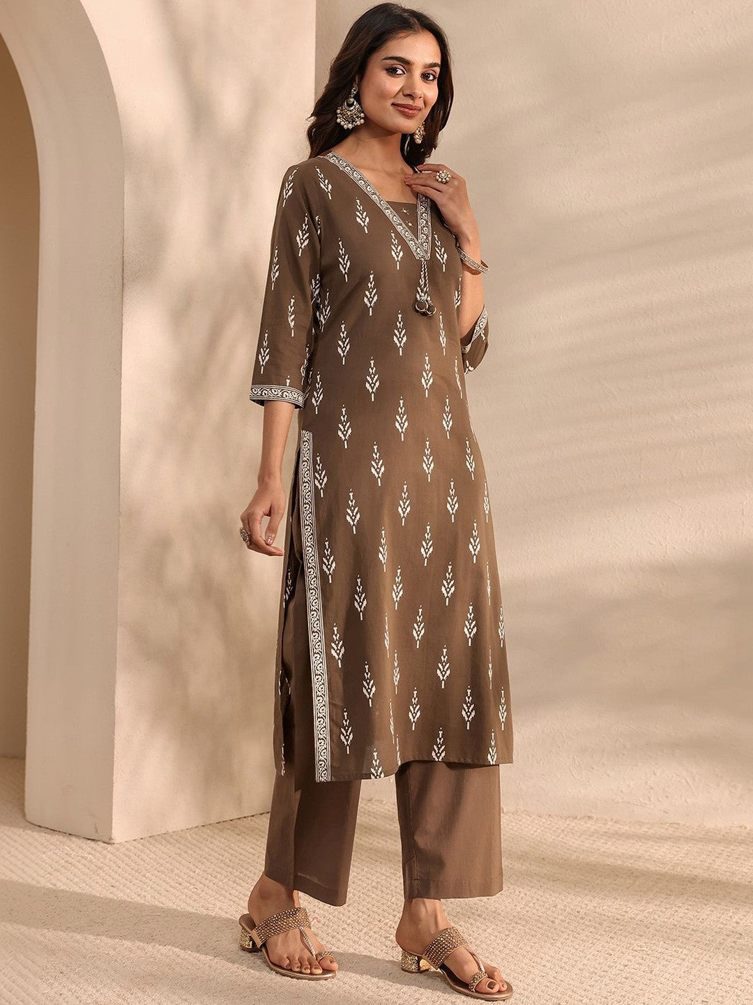 Brown Printed Cotton Suit Set with Dupatta