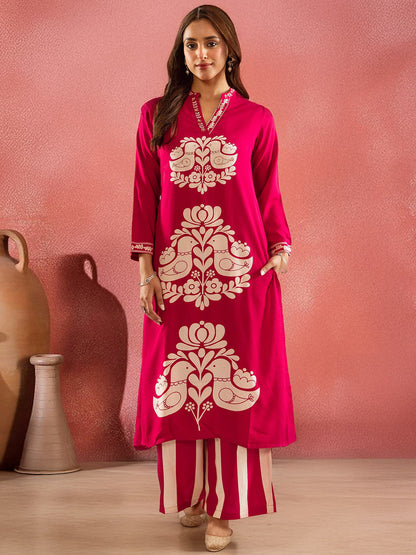 Ethnic Motifs Printed Mandarin Collar Straight Kurta With Palazzos