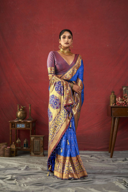 Women Paithani Bansi Royal Blue Saree With Unstiched Blouse