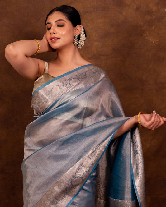 Dhiyona HH Firozi Blue Banarasi Authentic Soft Tissue Silk Saree with Rich Pallu Woven Design