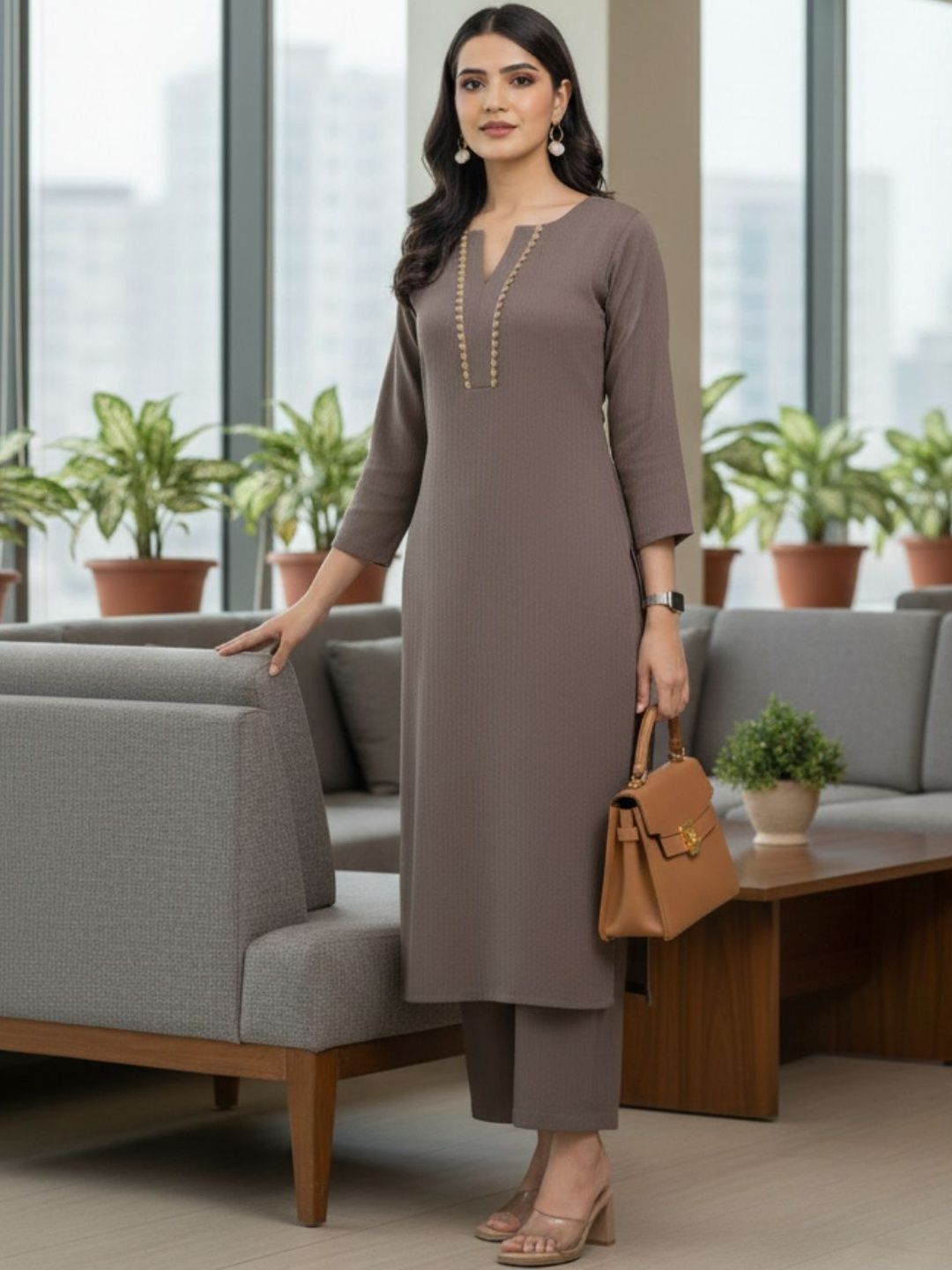Brown Women Regular Thread Work Silk Crepe Kurta with Trousers