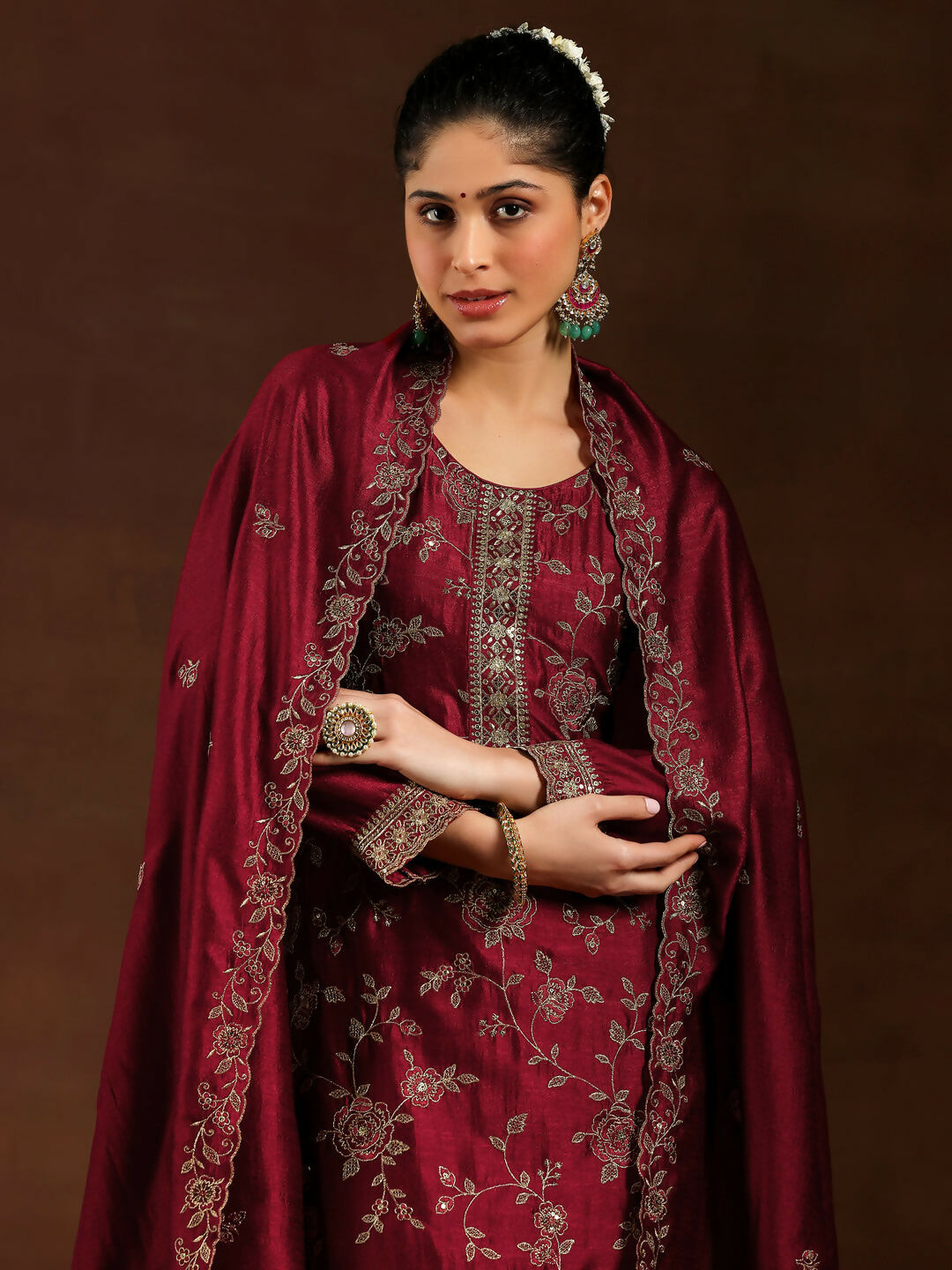 Women's LB Maroon Embroidered Silk Blend Straight Suit With Dupatta