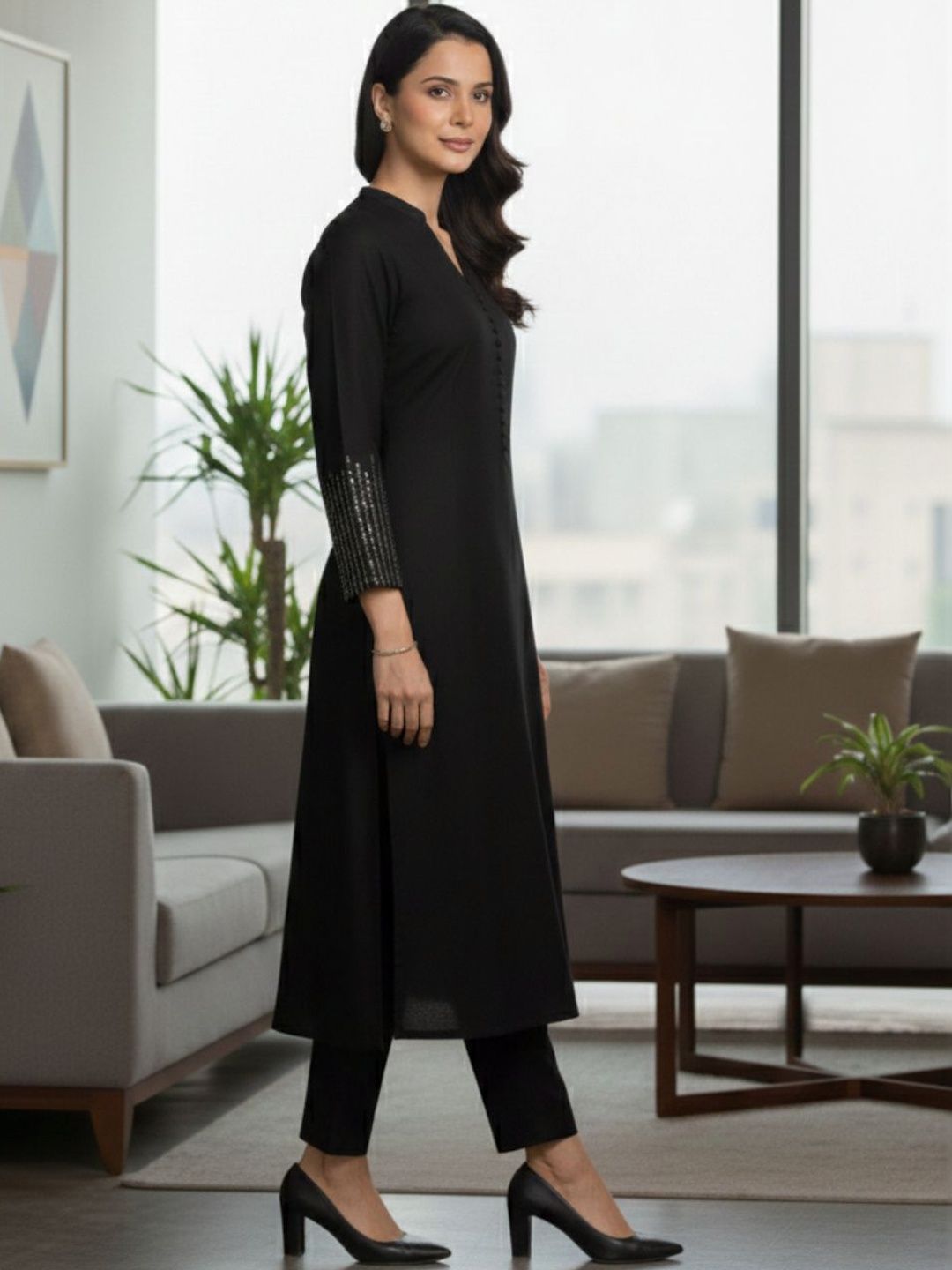 Black Women Regular Sequinned Kurta with Trousers