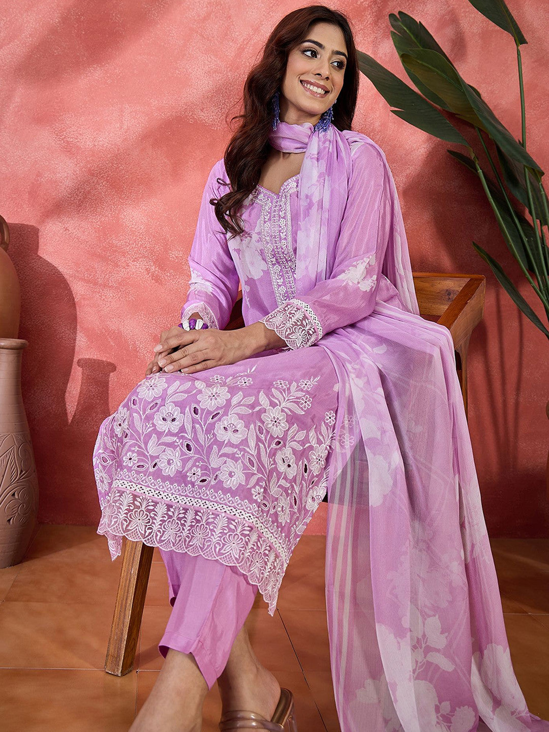 Floral Printed V-Neck Pure Silk Straight Kurta With Trousers And Dupatta