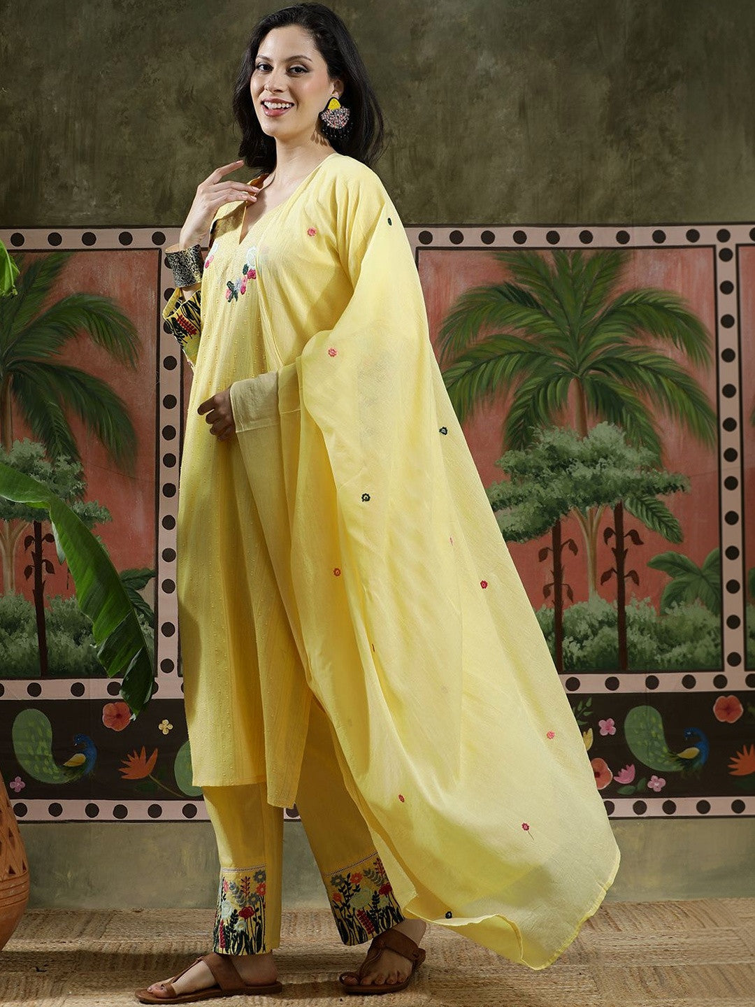 Embroidered Pure Cotton V-Neck Kurta & Trousers Kurta Sets