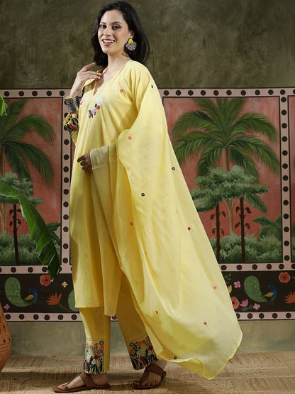Embroidered Pure Cotton V-Neck Kurta & Trousers Kurta Sets
