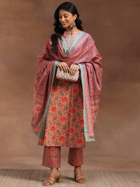 Women's LB Peach Printed Cotton A-line Kurta With Trousers & Dupatta