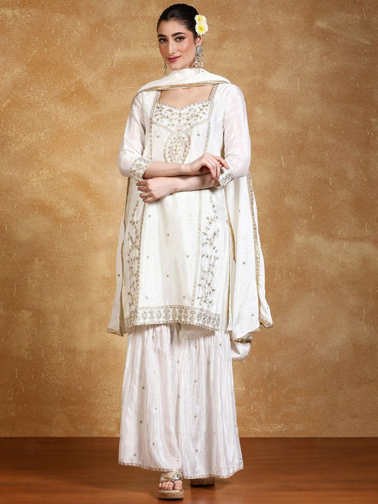 Dhiyona VA Women Floral Embroidered Kurta with Sharara & Dupatta