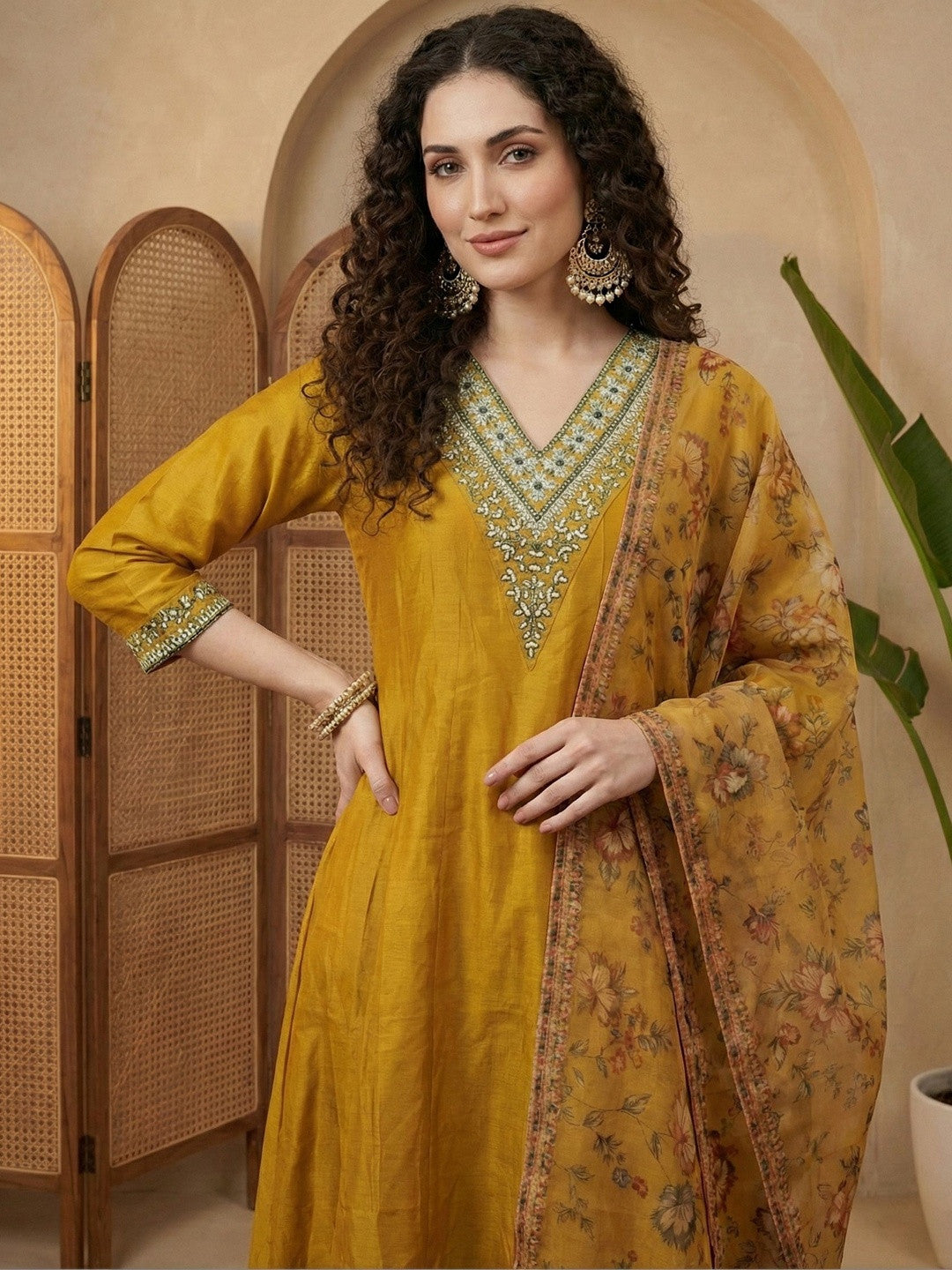 Embroidered V-Neck Kurta & Trousers With Dupatta