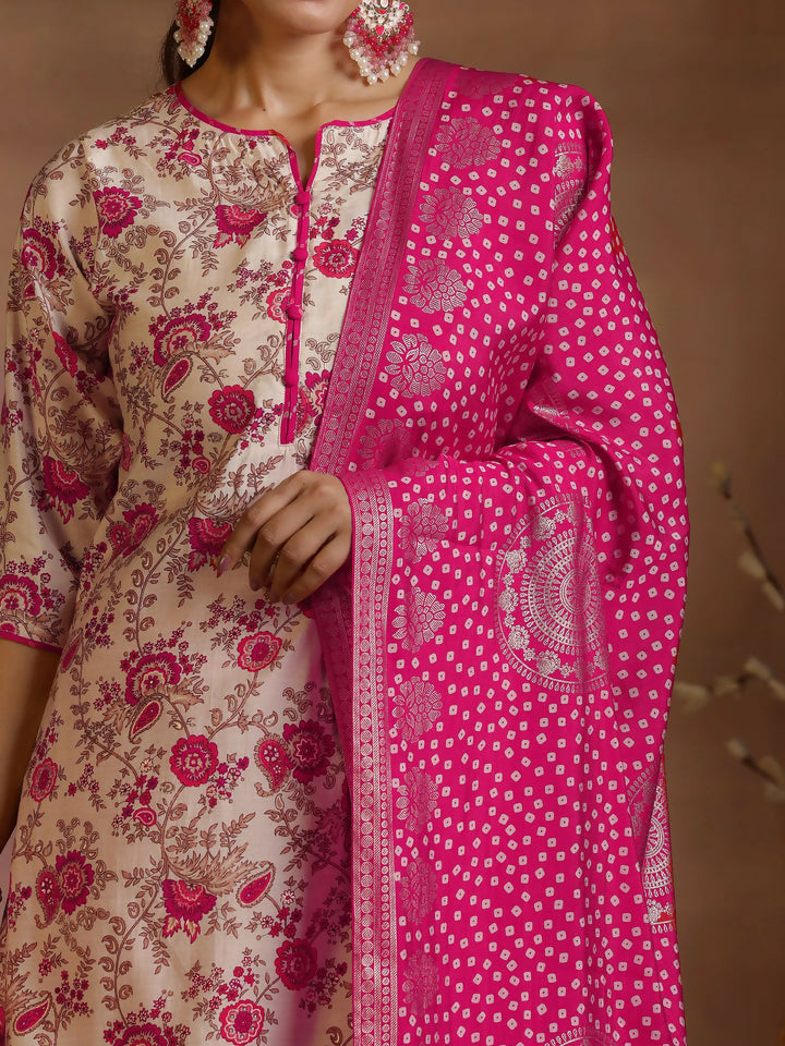 Women's LB Pink Printed Silk Blend Straight Suits With Dupatta