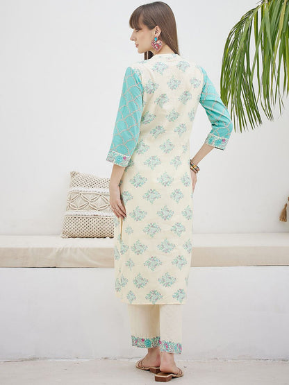 Dhiyona IE Printed Pure Cotton V-Neck Tunic With Trousers Co-Ords