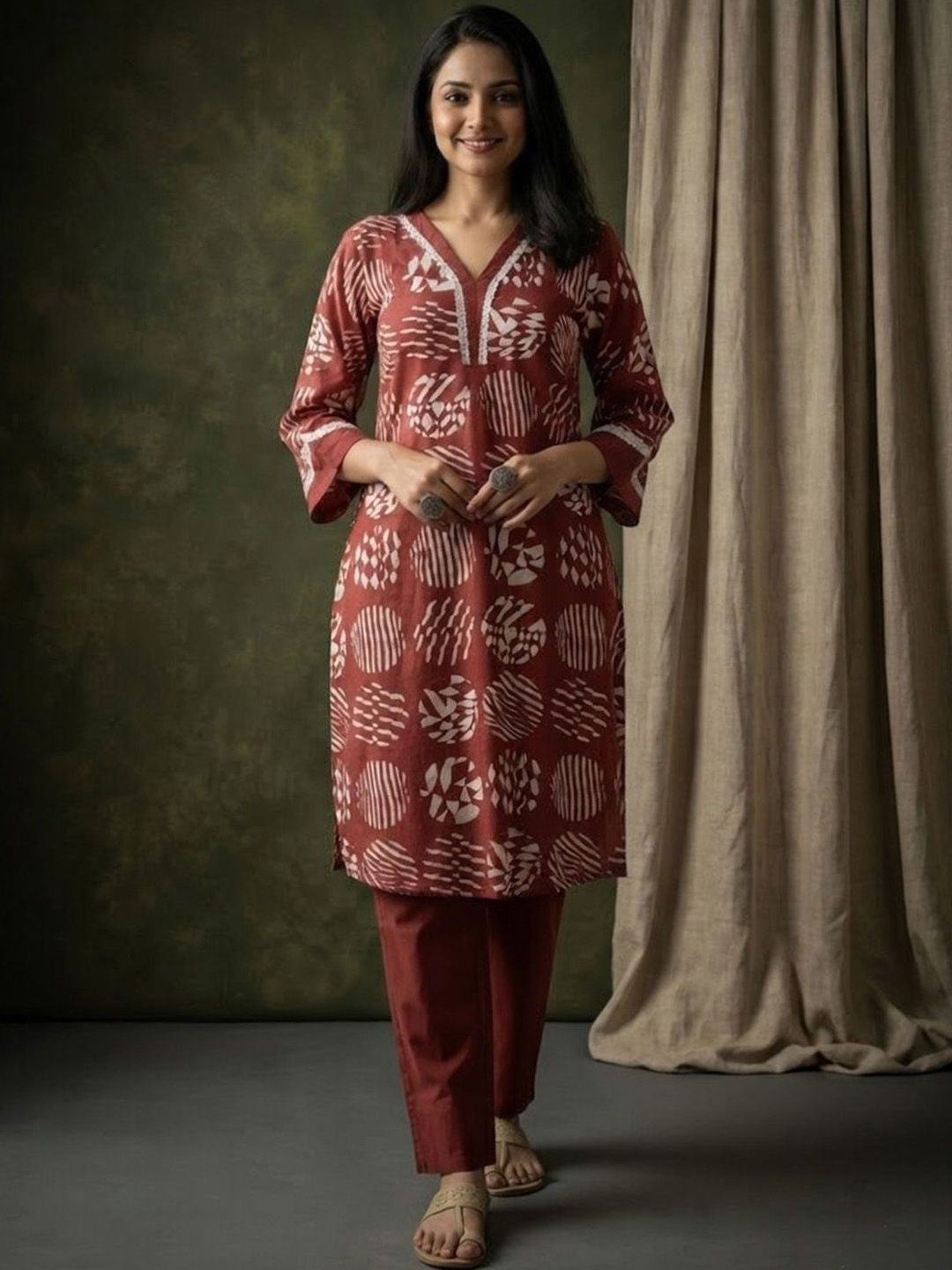 Dhiyona SN Printed V-Neck Kurta & Trousers