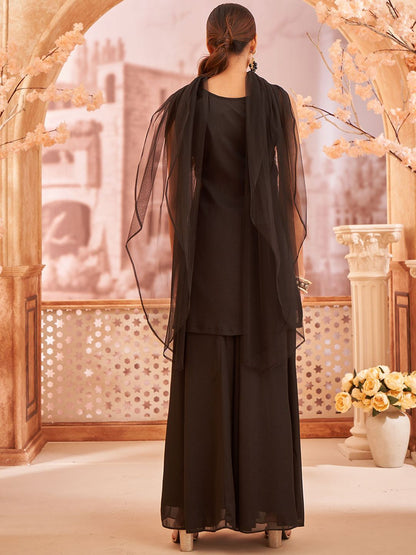 Dhiyona KL Floral Embroidered Sleeveless Georgette Straight Kurti With Sharara & Dupatta
