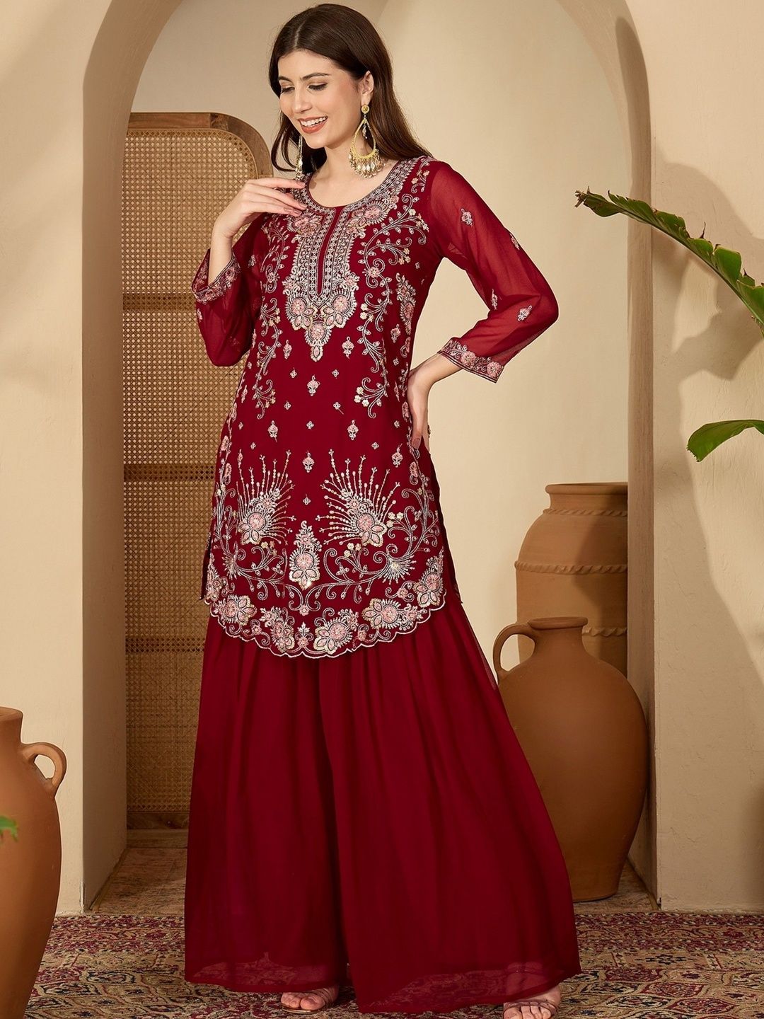 Dhiyona SN Women Ethnic Motifs Embroidered Kurta with Sharara & With Dupatta