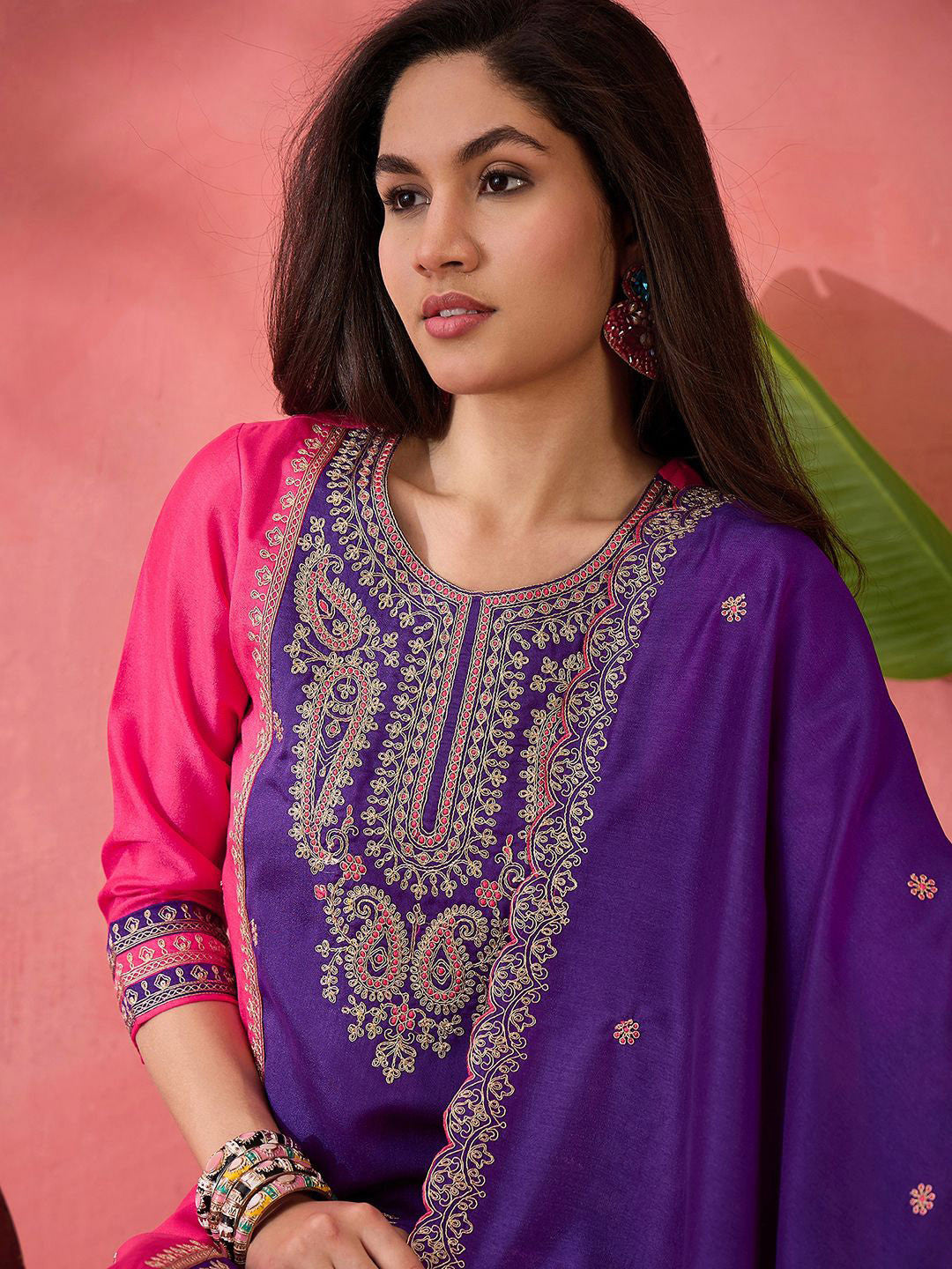 Women Zari Sequence Embroidered Straight Kurta & Trousers With Dupatta