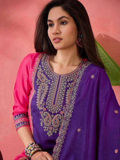Women Zari Sequence Embroidered Straight Kurta & Trousers With Dupatta