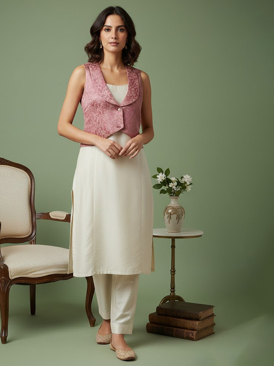 Solid Kurta with Jacquard Jacket &Trouser