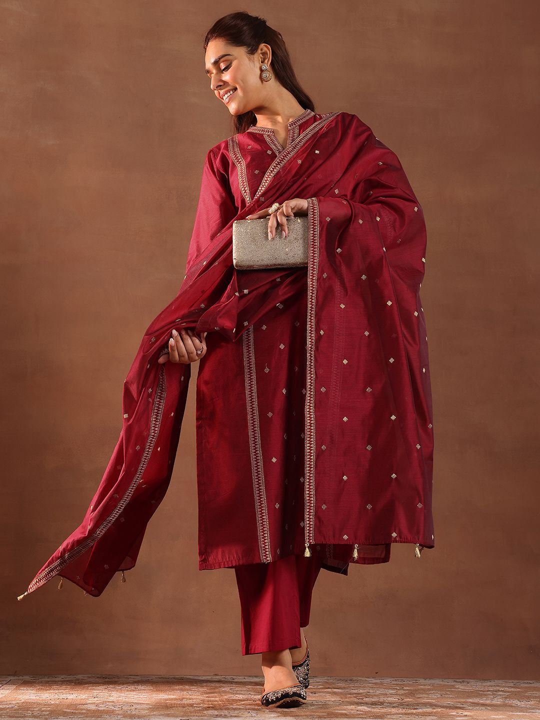 Geometric Woven Design Zari Chanderi Silk Straight Kurta With Trousers & Dupatta