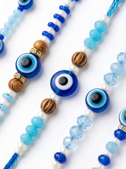 Dhiyona Set Of 5 Blue Evil Eye Thread Rakhi With Roli Chawal Chandan Mishri