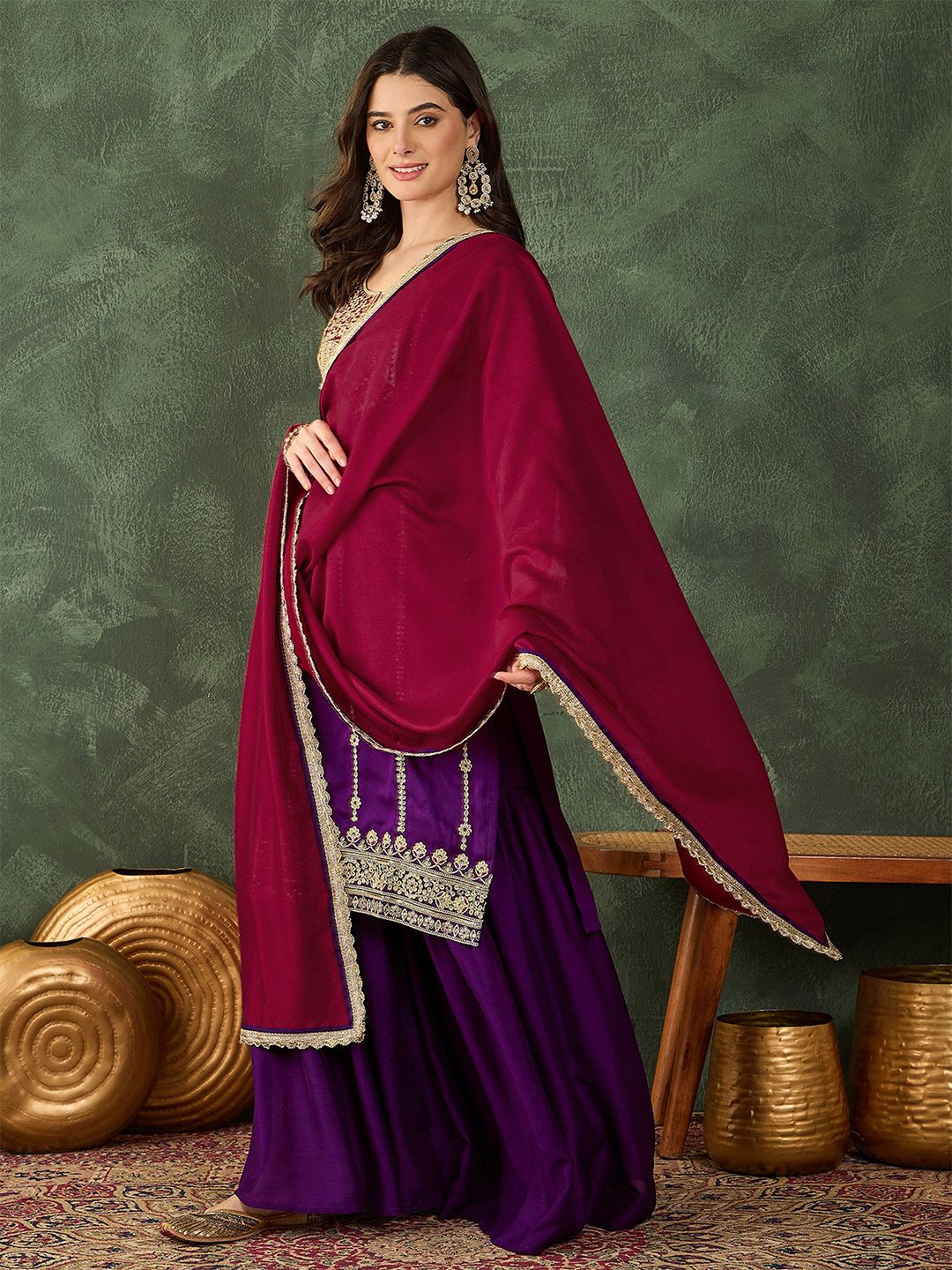 Dhiyona KL Women Ethnic Motifs Embroidered Regular Thread Work Kurta with Palazzos & With Dupatta