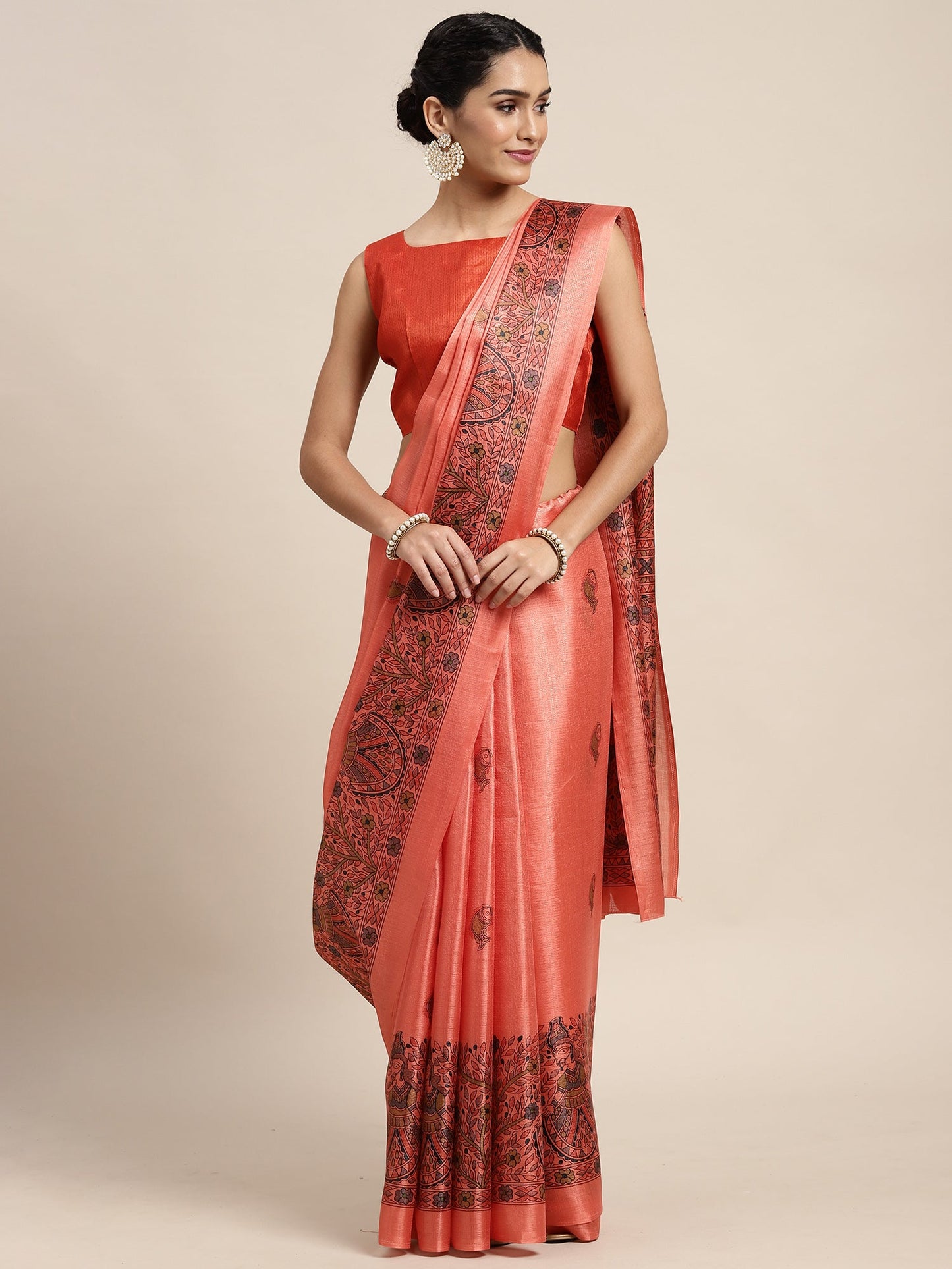 Women's Khadi Silk Peach Printed Celebrity Saree With Blouse Piece