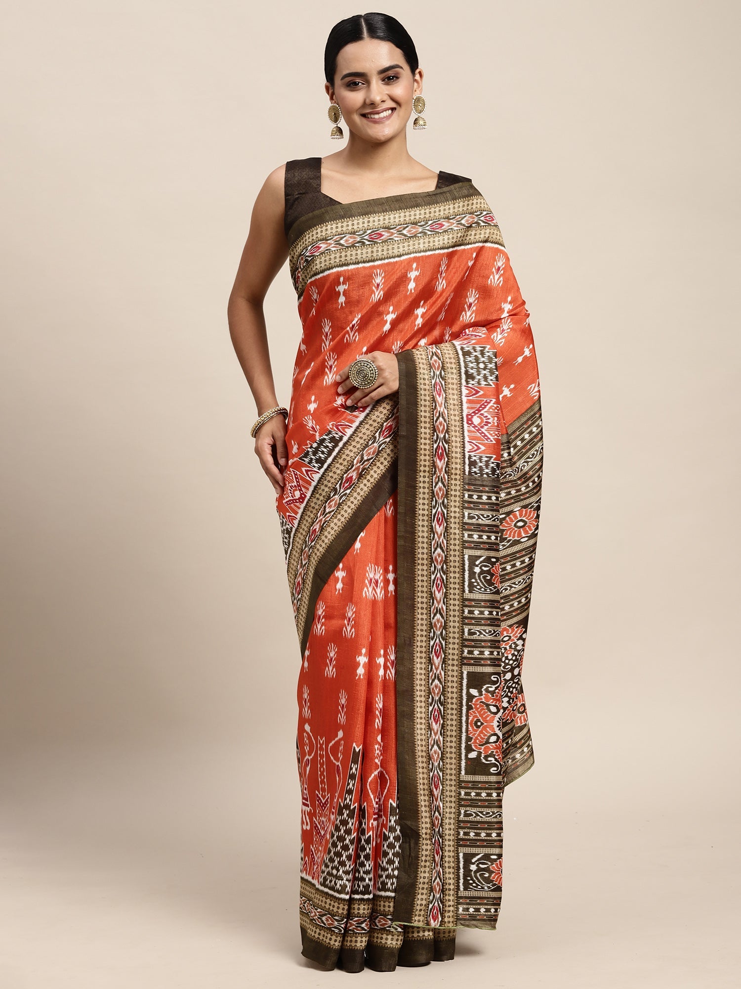 Women's Bhagalpuri Silk Orange Printed Celebrity Saree With Blouse Piece