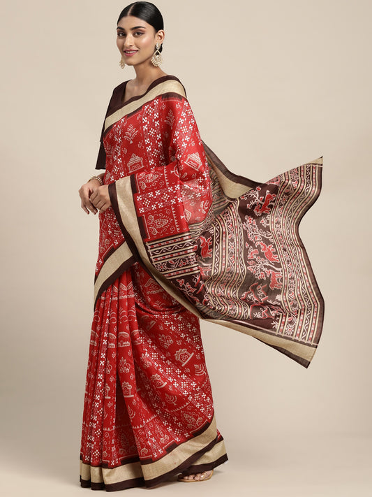 Women's Bhagalpuri Silk Red Printed Designer Saree With Blouse Piece