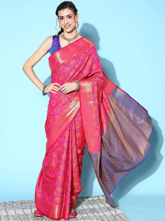 Women's Silk Blend Pink Woven Design Designer Saree With Blouse Piece