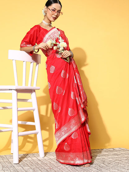Women's Silk Blend Red Woven Design Celebrity Saree With Blouse Piece