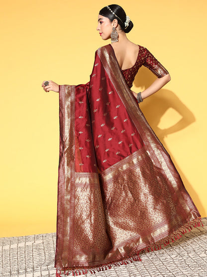 Women's Silk Blend Coffee Brown Woven Design Celebrity Saree With Blouse Piece