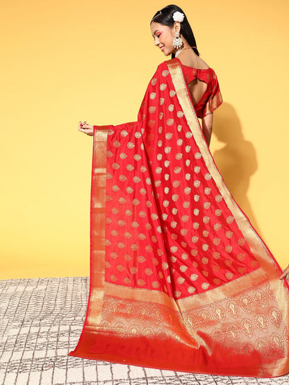 Women's Silk Blend Red Woven Design Celebrity Saree With Blouse Piece
