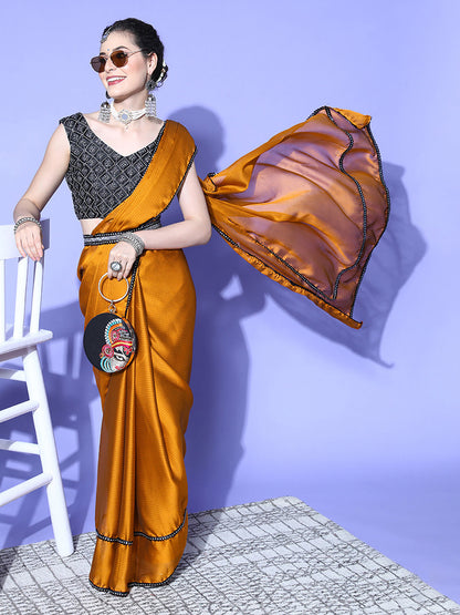 Women's Georgette Mustard Embellished Belted Sarees With Blouse Piece