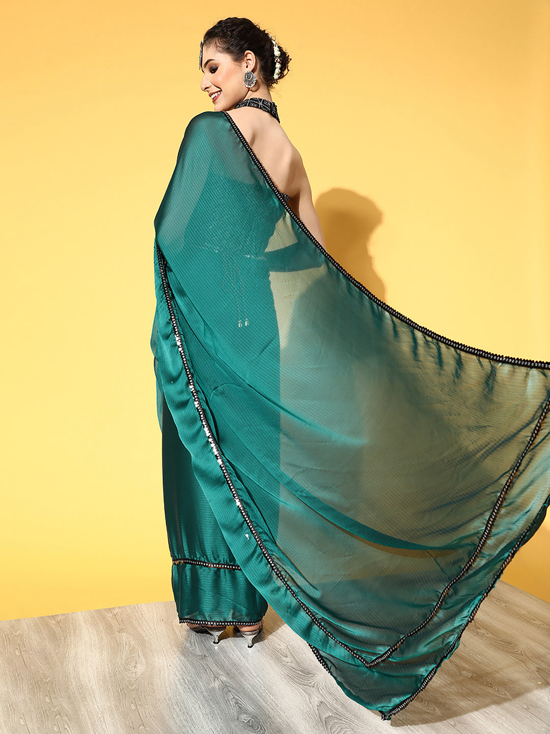 Women's Georgette Teal blue Embellished Belted Sarees With Blouse Piece