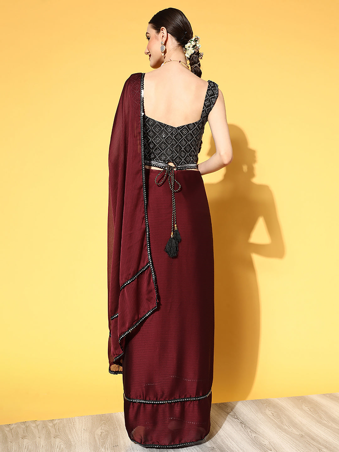 Women's Georgette Maroon Embellished Belted Sarees With Blouse Piece