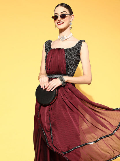 Women's Georgette Maroon Embellished Belted Sarees With Blouse Piece