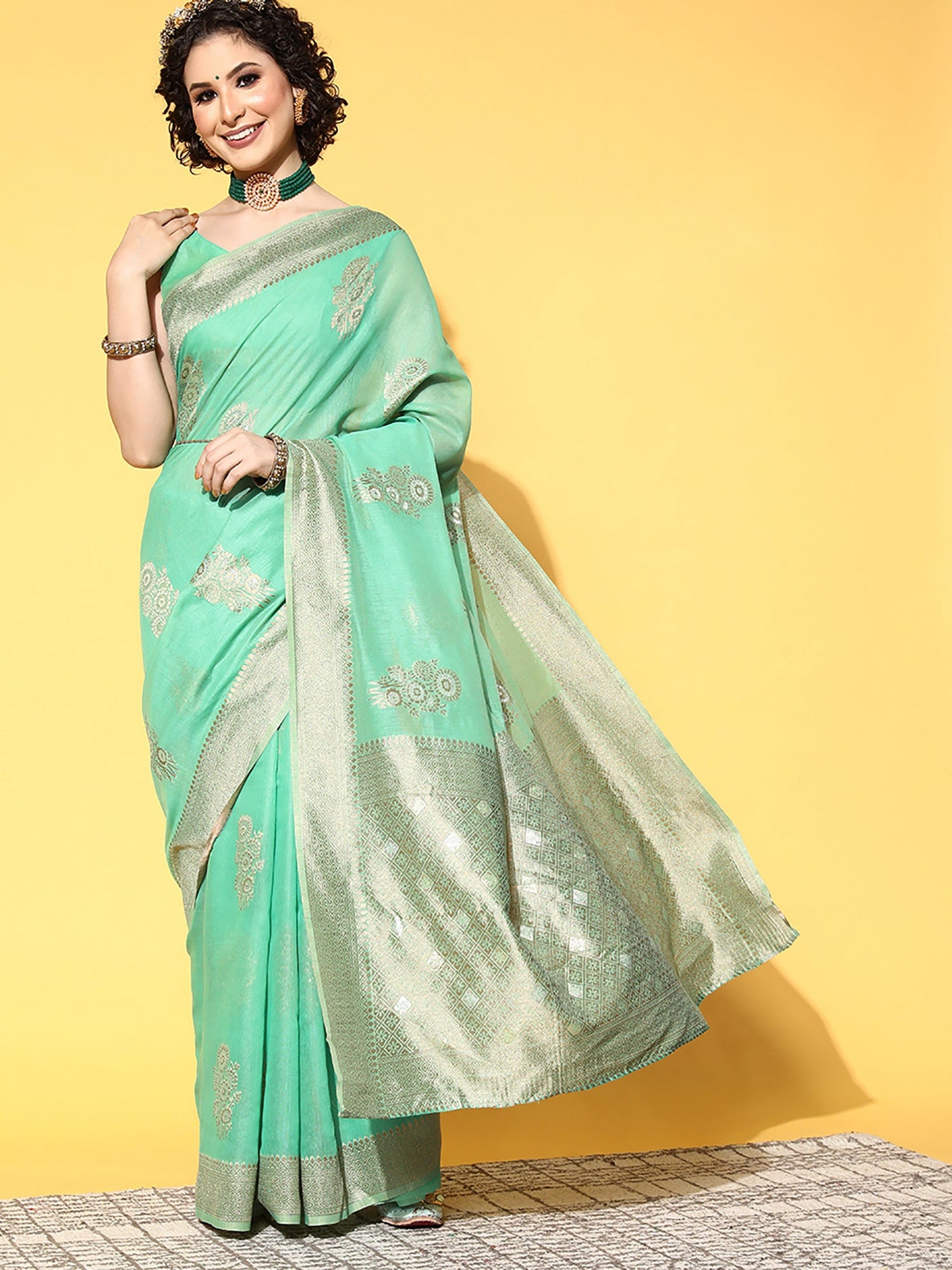 Women's Cotton Blend Turquoise Woven Design Celebrity Saree With Blouse Piece
