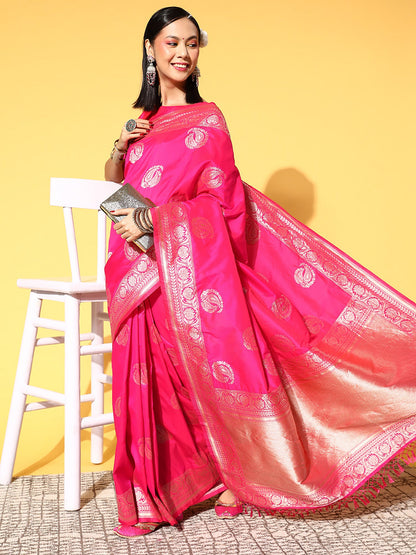 Women's Silk Blend Pink Woven Design Celebrity Saree With Blouse Piece
