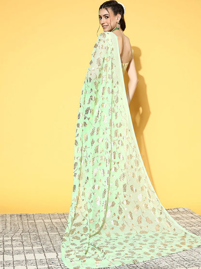 Women's Georgette Light Green Woven Design Celebrity Saree With Blouse Piece