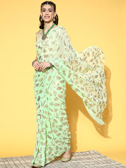 Women's Georgette Light Green Woven Design Celebrity Saree With Blouse Piece