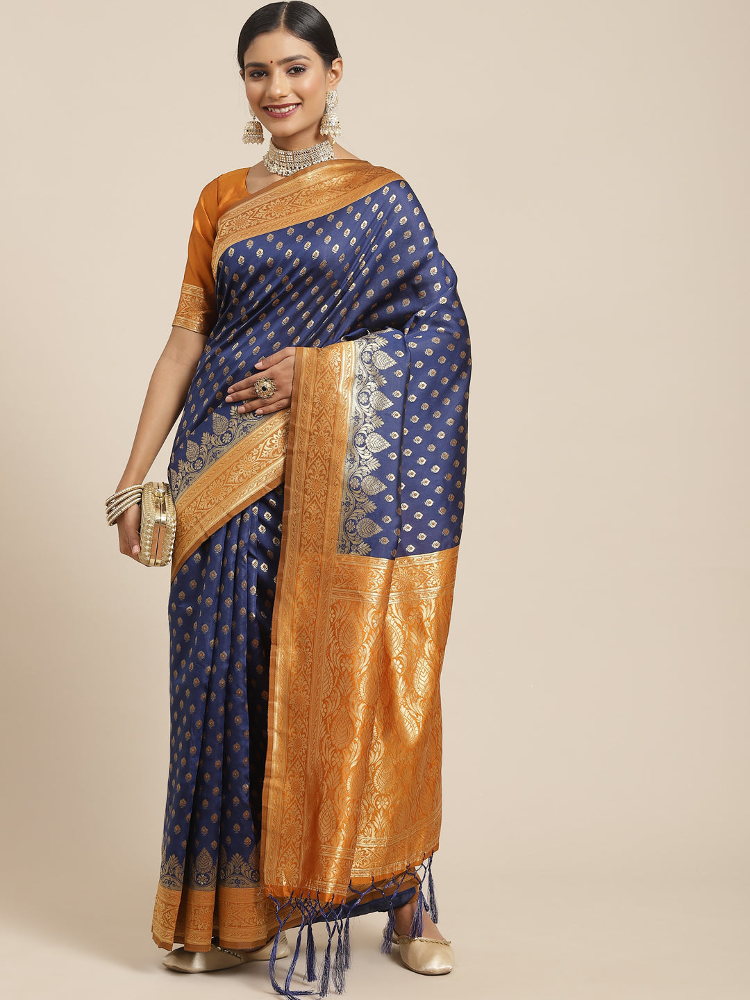 Women's Silk Blend Blue Woven Design Woven saree With Blouse Piece