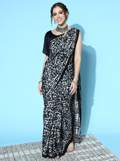Women's Crepe Black Digital Print Designer Saree With Blouse Piece