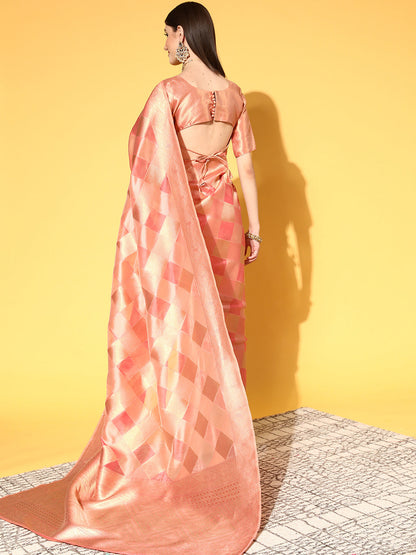 Women's Organza Peach Woven Design Handloom Saree With Blouse Piece