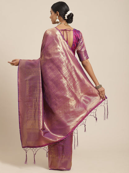 Women's Kanjeevaram Silk Purple Woven Design Woven saree With Blouse Piece