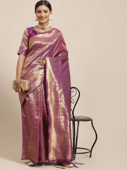 Women's Kanjeevaram Silk Purple Woven Design Woven saree With Blouse Piece