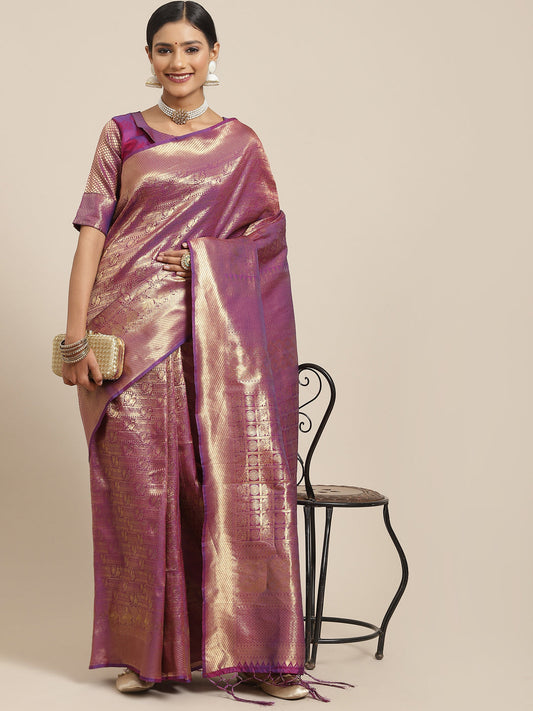 Women's Kanjeevaram Silk Purple Woven Design Woven saree With Blouse Piece