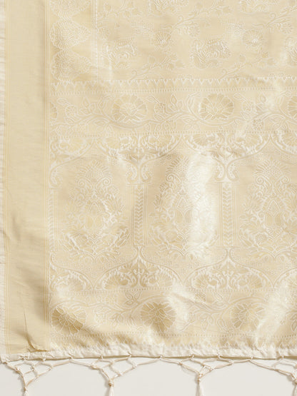 Women's Kanjeevaram Silk Cream Woven Design Woven saree With Blouse Piece