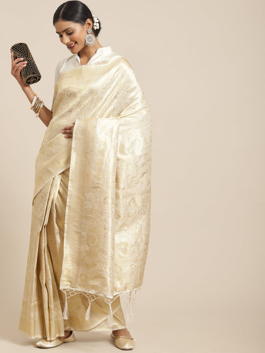 Women's Kanjeevaram Silk Cream Woven Design Woven saree With Blouse Piece