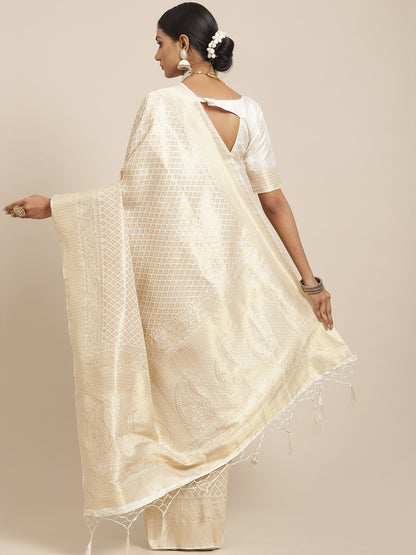 Women's Kanjeevaram Silk Cream Woven Design Woven saree With Blouse Piece