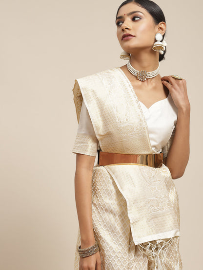 Women's Kanjeevaram Silk Cream Woven Design Woven saree With Blouse Piece